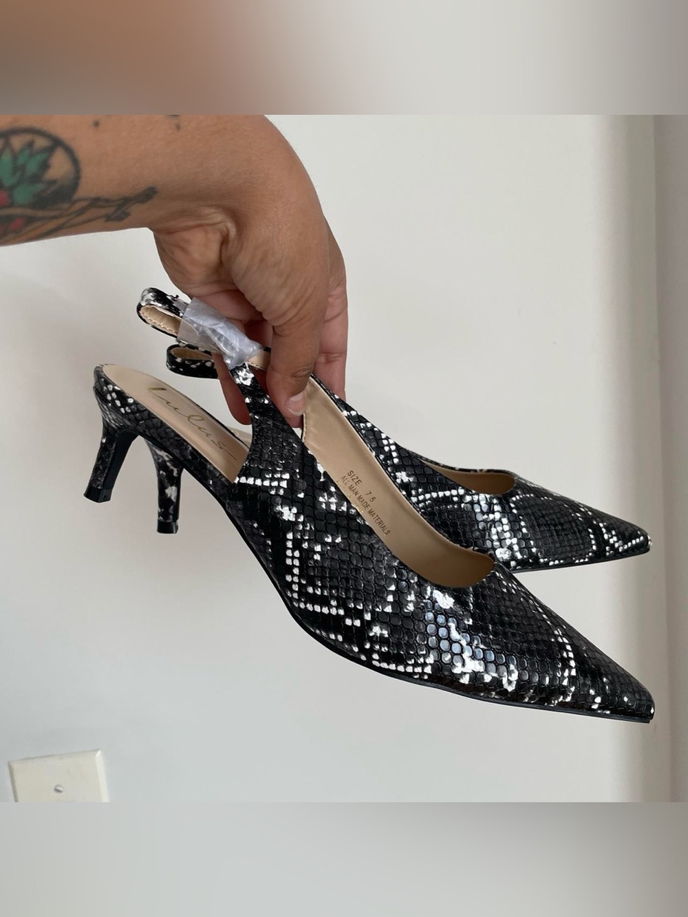 Lulu's Black Snake-Print Slingback Kitten Heels